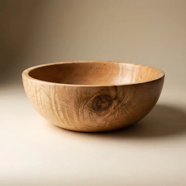 A close view of a small turned figured maple serving bowl on a warm paper sweep — upper detail.