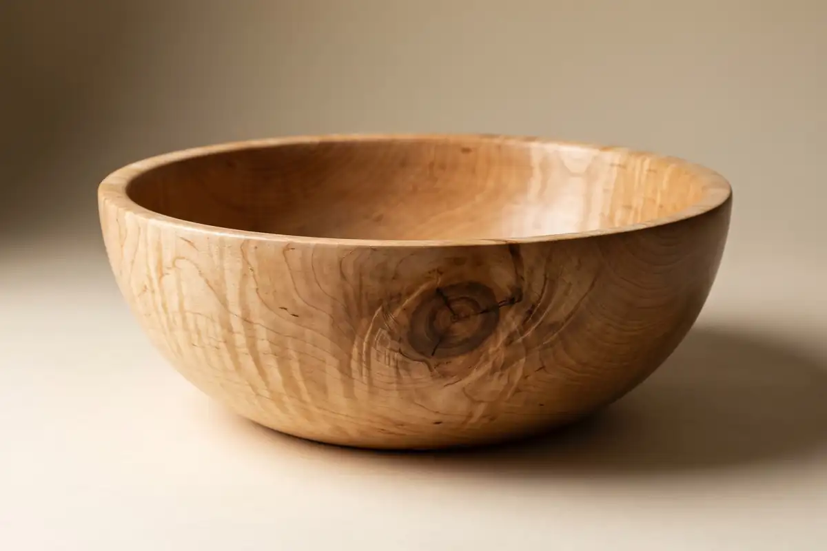 A close view of a small turned figured maple serving bowl on a warm paper sweep — full width on the paper sweep.