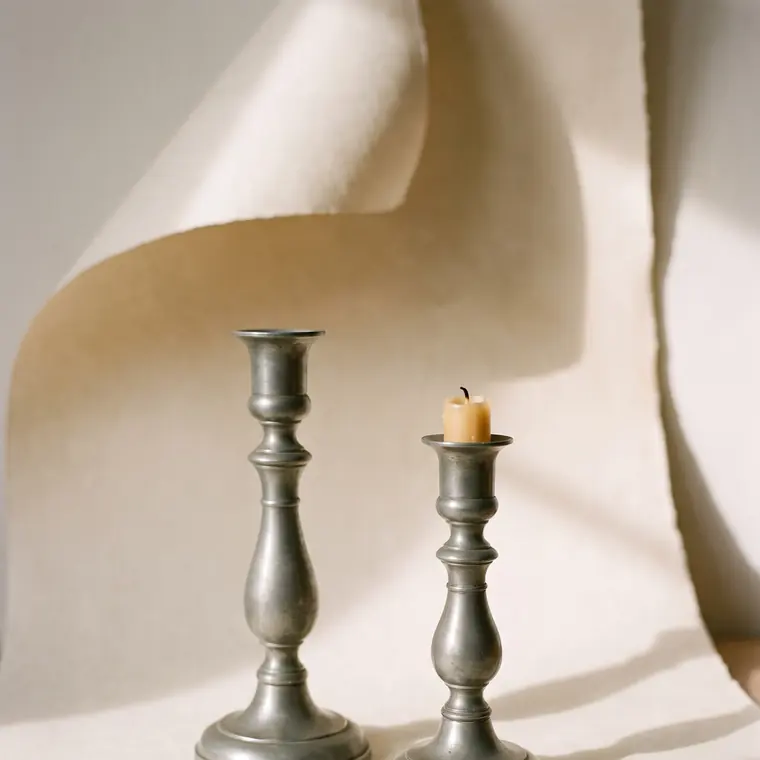 A matched pair of turned pewter candlesticks of equal height on a warm paper sweep — upper detail.