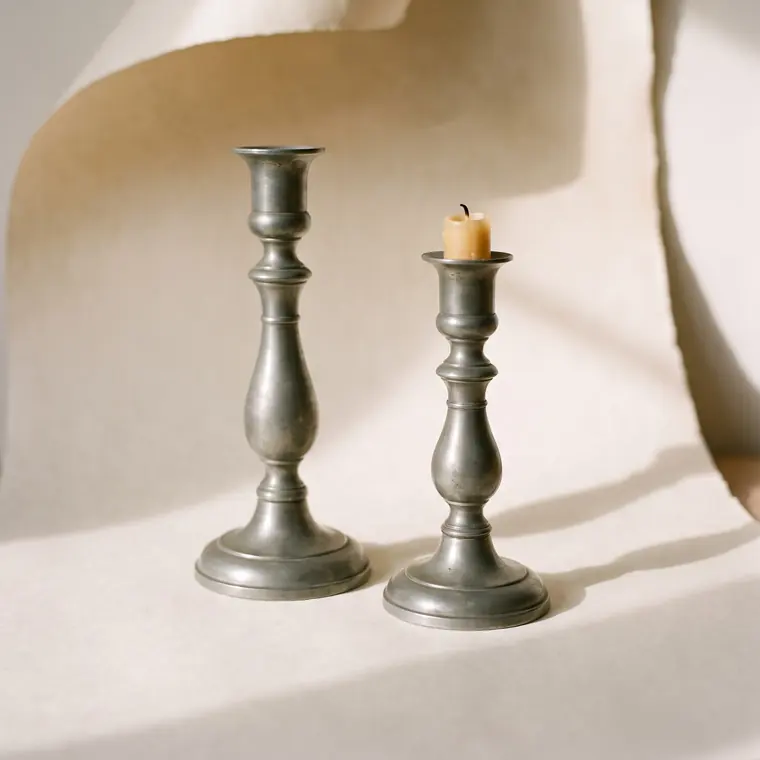 A matched pair of turned pewter candlesticks of equal height on a warm paper sweep — lower detail, showing the foot and the shadow.