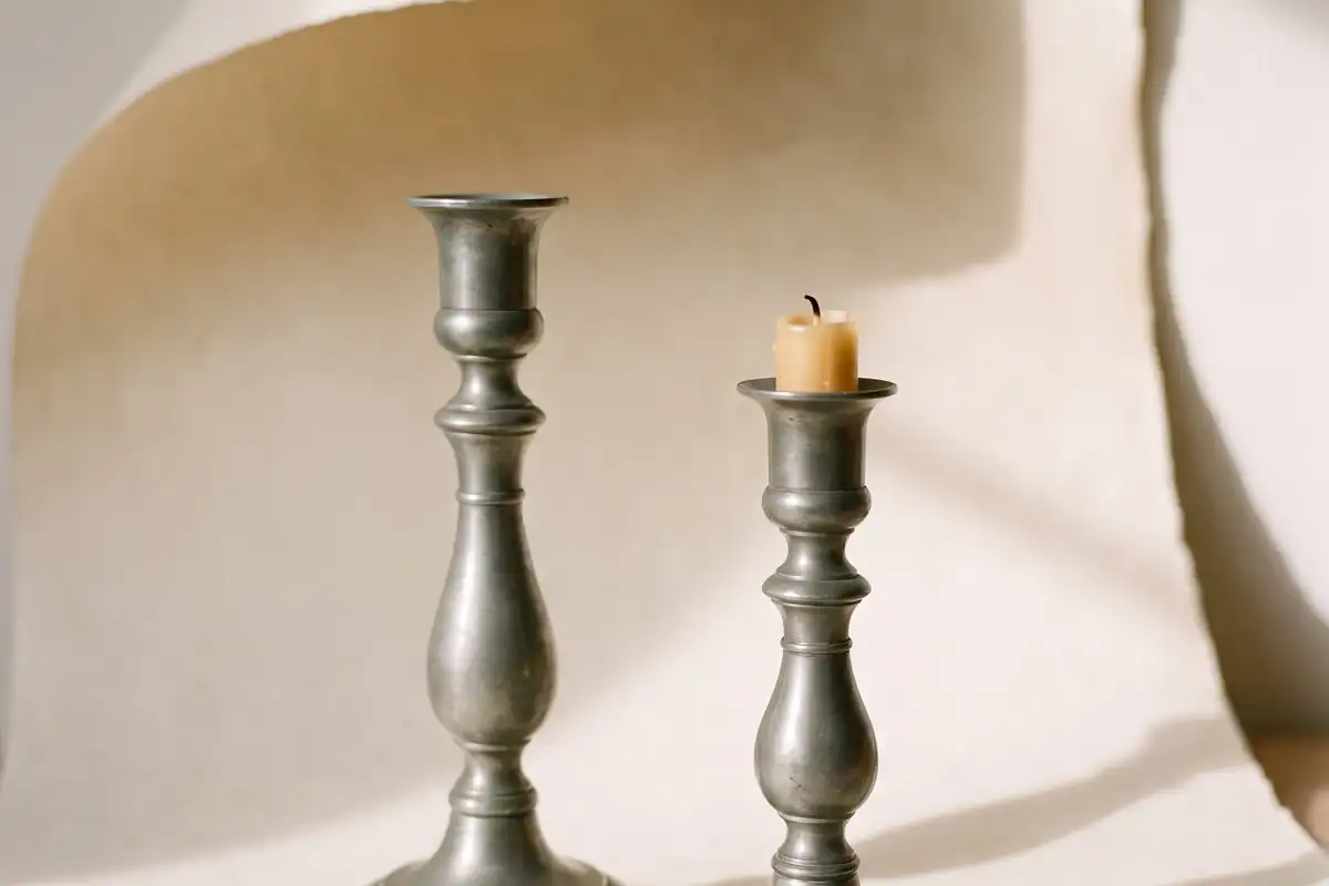A matched pair of turned pewter candlesticks of equal height on a warm paper sweep — full width on the paper sweep.