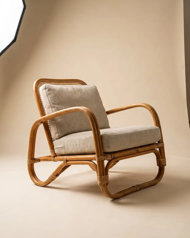 A bentwood rattan and cane lounge chair with a loose oatmeal linen cushion on a warm paper sweep.