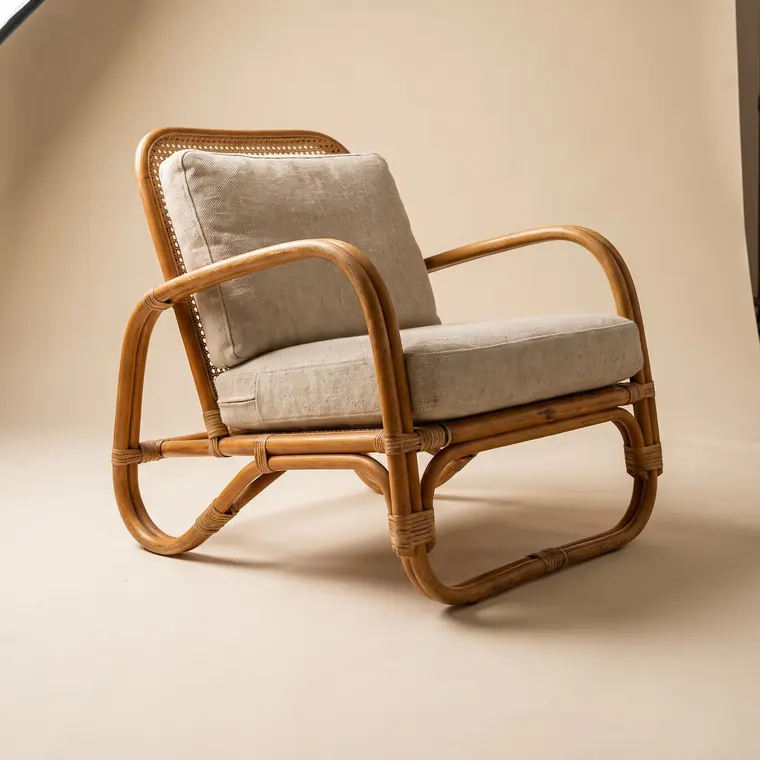 A bentwood rattan and cane lounge chair with a loose oatmeal linen cushion on a warm paper sweep — lower detail, showing the foot and the shadow.