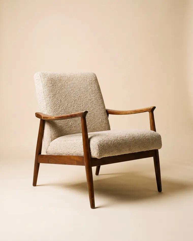 A mid-century lounge chair with an oiled walnut frame and oatmeal bouclé upholstery on a warm paper sweep.