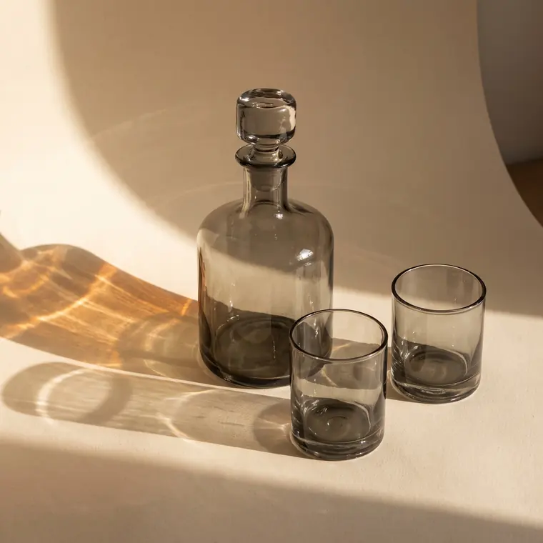 A close view of two heavy smoke grey hand-blown tumblers on a warm paper sweep — upper detail.