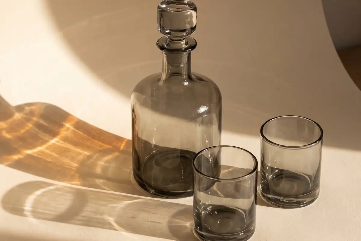A close view of two heavy smoke grey hand-blown tumblers on a warm paper sweep — full width on the paper sweep.