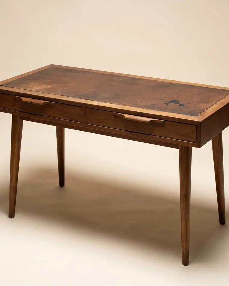 A small mid-century walnut writing desk with two slim drawers and a worn leather top on a warm paper sweep.