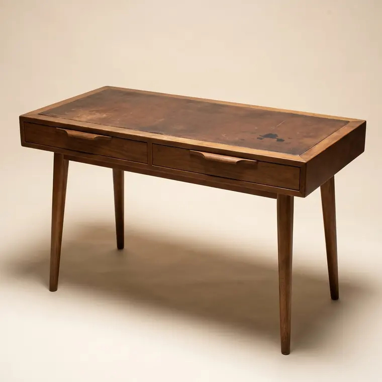 A small mid-century walnut writing desk with two slim drawers and a worn leather top on a warm paper sweep — lower detail, showing the foot and the shadow.