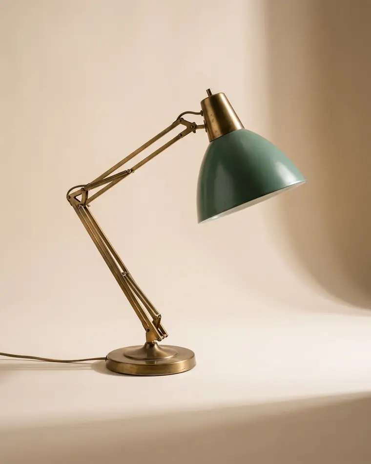 A mid-century articulated desk lamp with a patinated brass arm and a deep sage enamel shade on a warm paper sweep.