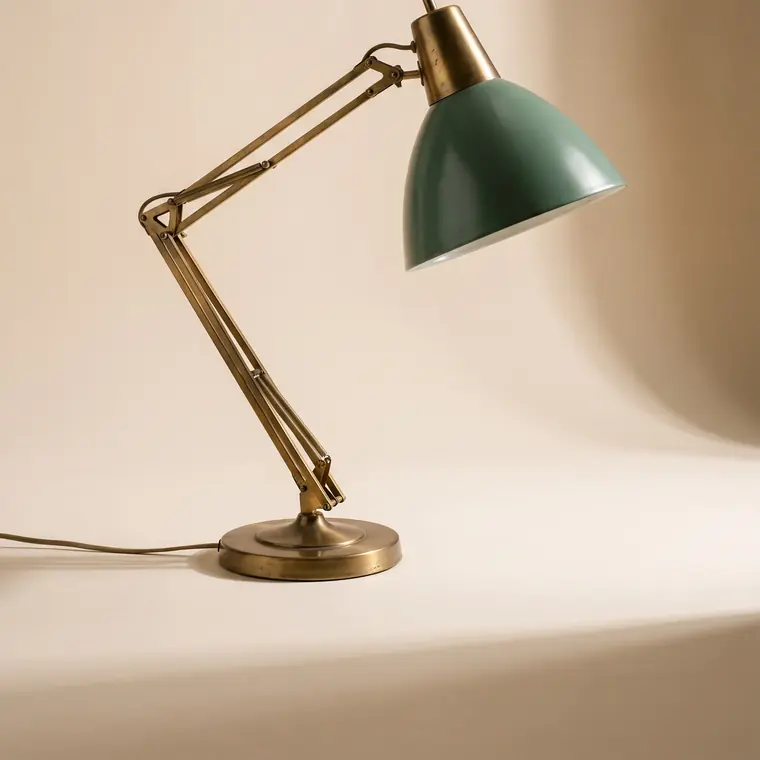 A mid-century articulated desk lamp with a patinated brass arm and a deep sage enamel shade on a warm paper sweep — lower detail, showing the foot and the shadow.
