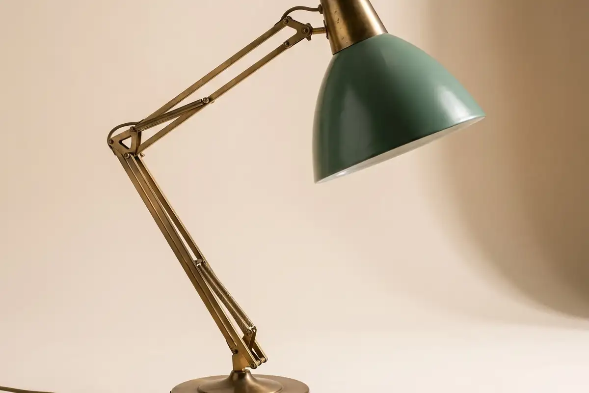 A mid-century articulated desk lamp with a patinated brass arm and a deep sage enamel shade on a warm paper sweep — full width on the paper sweep.