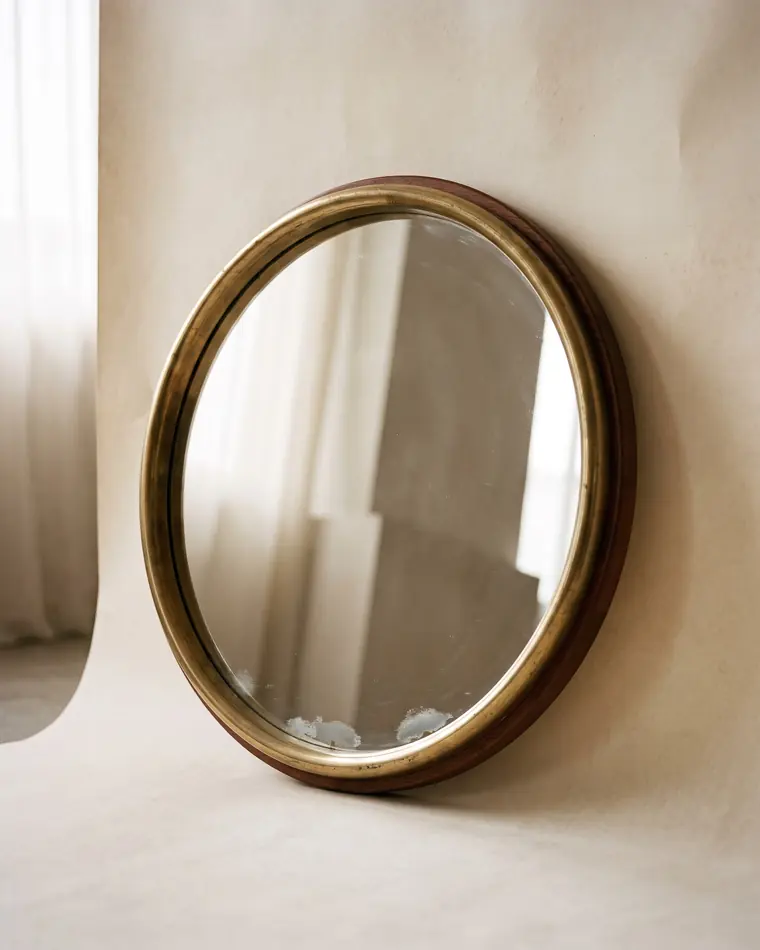A round mid-century wall mirror with a brass rim and a slim teak surround leaning against a warm paper sweep.