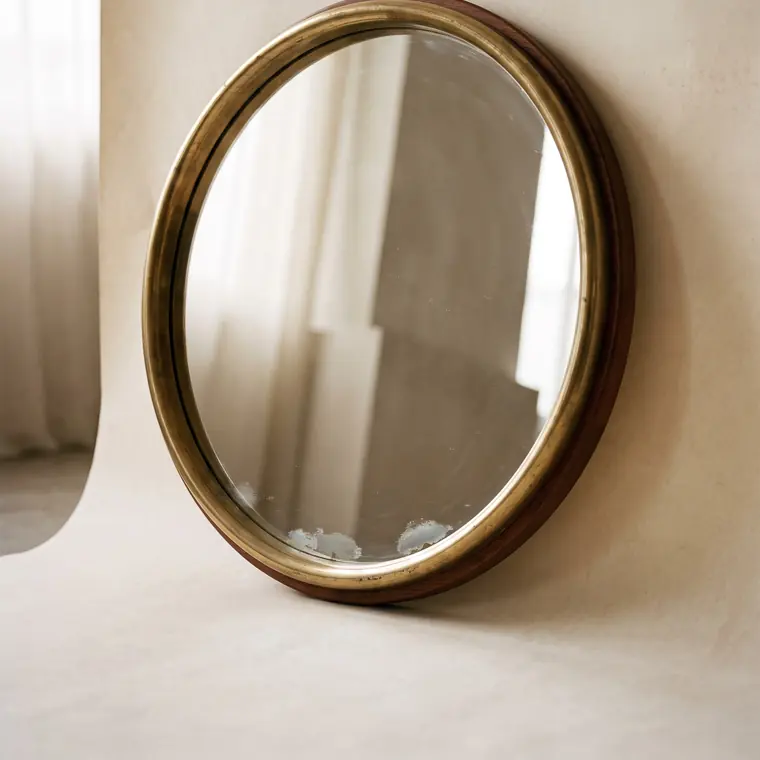 A round mid-century wall mirror with a brass rim and a slim teak surround leaning against a warm paper sweep — lower detail, showing the foot and the shadow.
