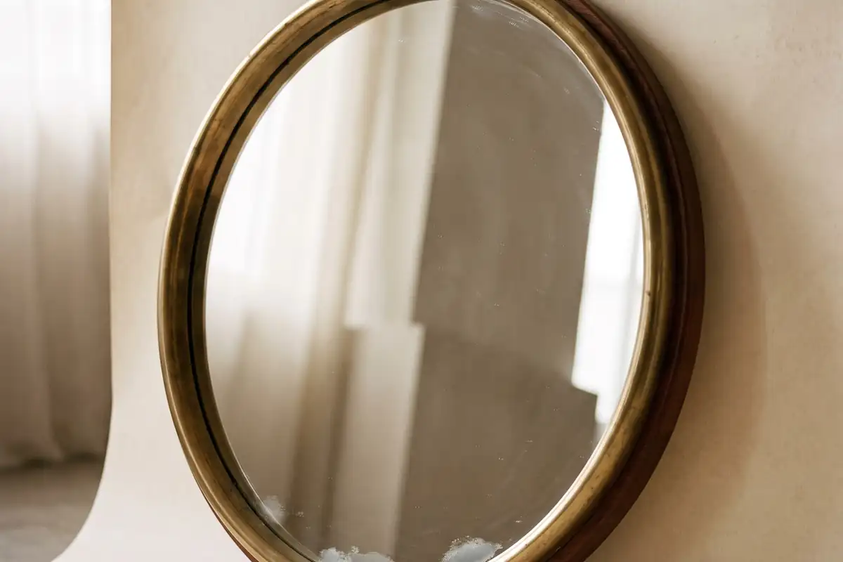 A round mid-century wall mirror with a brass rim and a slim teak surround leaning against a warm paper sweep — full width on the paper sweep.