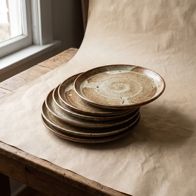 A stack of six mottled iron-and-bone glazed stoneware dinner plates, rims fanned out, on a warm paper sweep — lower detail, showing the foot and the shadow.