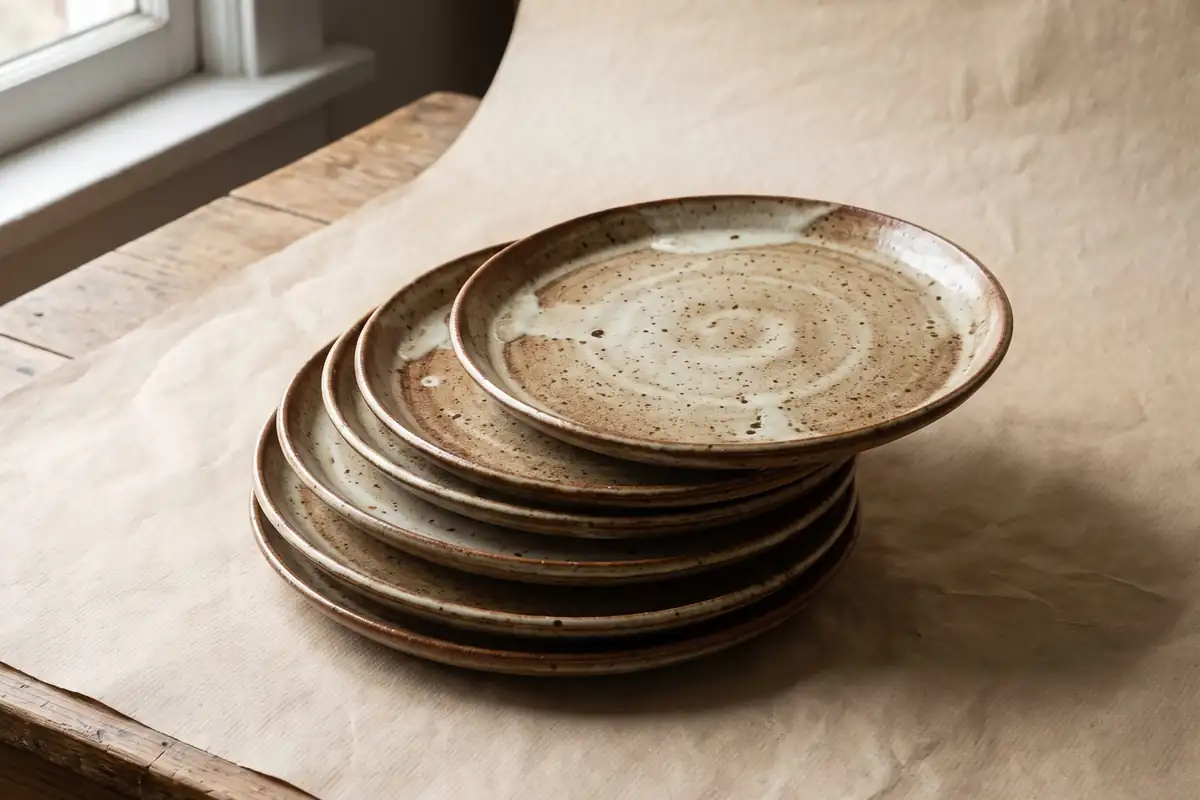 A stack of six mottled iron-and-bone glazed stoneware dinner plates, rims fanned out, on a warm paper sweep — full width on the paper sweep.