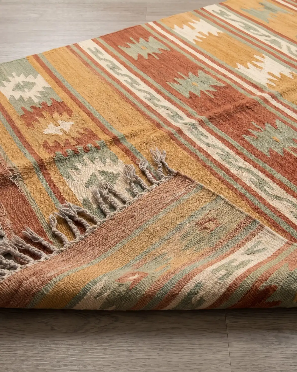 A flatwoven wool rug in warm ochre, rust and sage geometric bands photographed from above with one corner folded back.