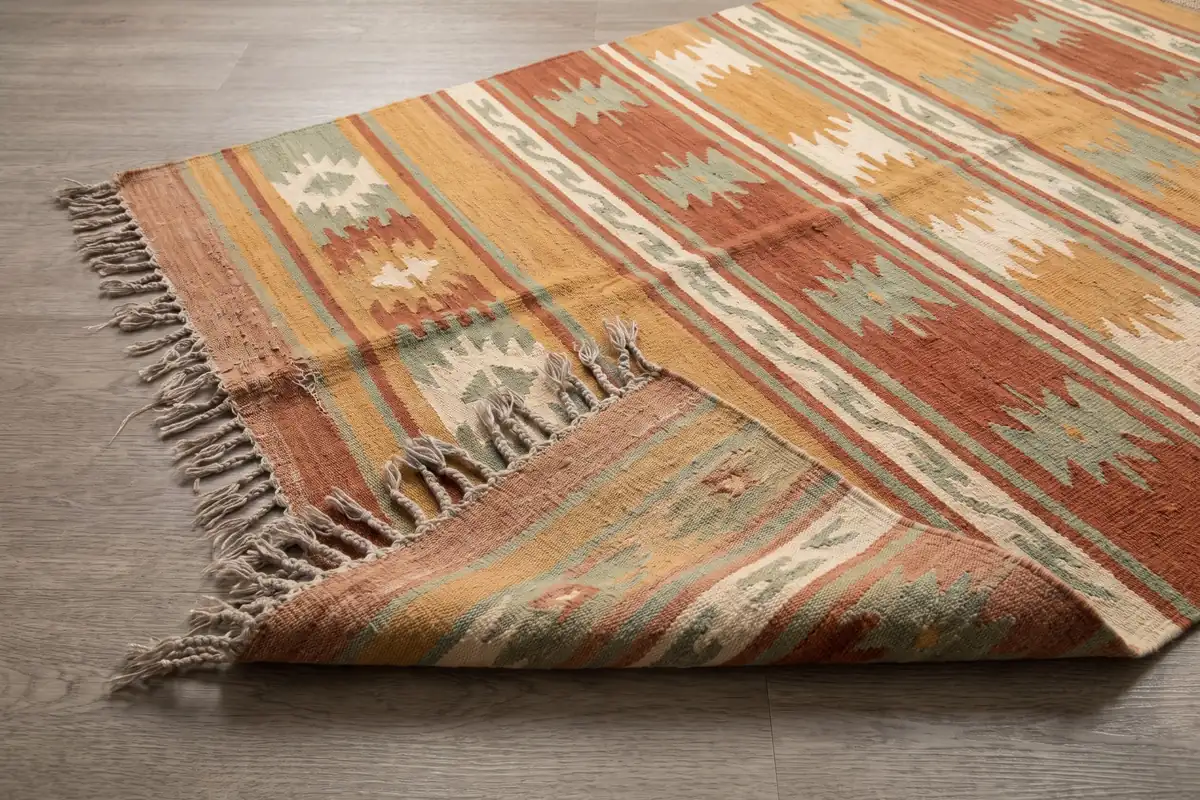 A worn handwoven wool flatweave rug in muted ochre and rust photographed from above — full width on the paper sweep.