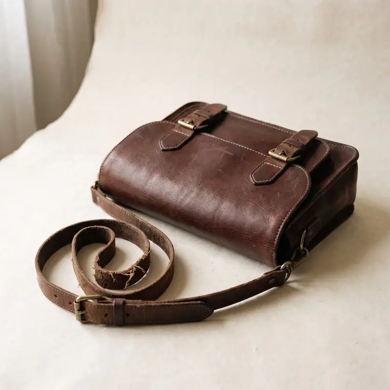 A close view of a chestnut hand-stitched leather document folio on warm paper — upper detail.