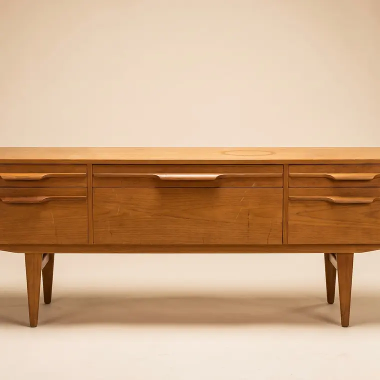 A long low Danish teak sideboard with sculpted drawer pulls and tapered legs against a warm paper backdrop — lower detail, showing the foot and the shadow.