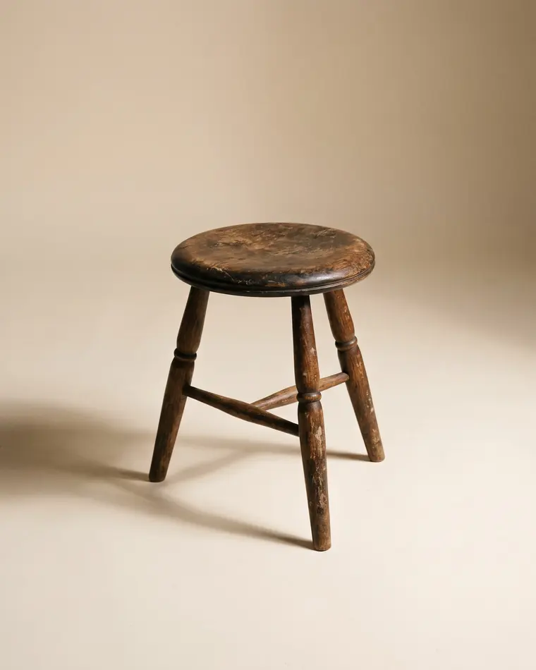 A small three-legged turned oak stool with a worn dished seat on a warm paper sweep.