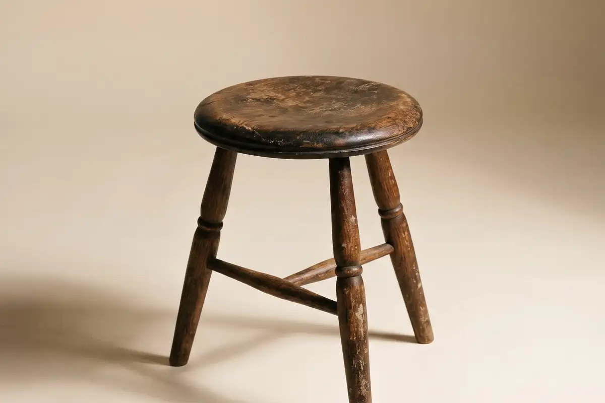A small three-legged turned oak stool with a worn dished seat on a warm paper sweep — full width on the paper sweep.