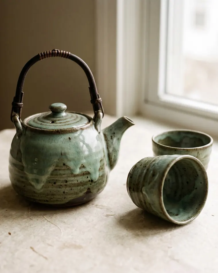 A round speckled celadon stoneware teapot with a bound cane handle, on a warm paper sweep.