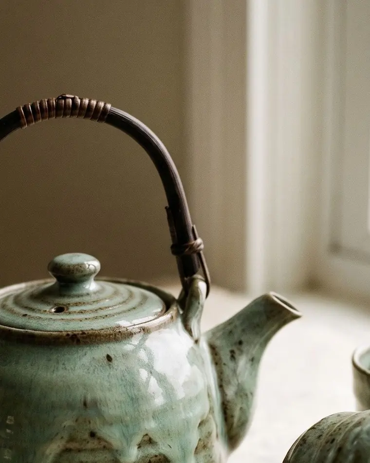 A close view of two speckled celadon stoneware cups on a warm paper sweep, one tipped on its side.