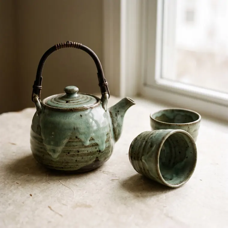 A round speckled celadon stoneware teapot with a bound cane handle, on a warm paper sweep — upper detail.