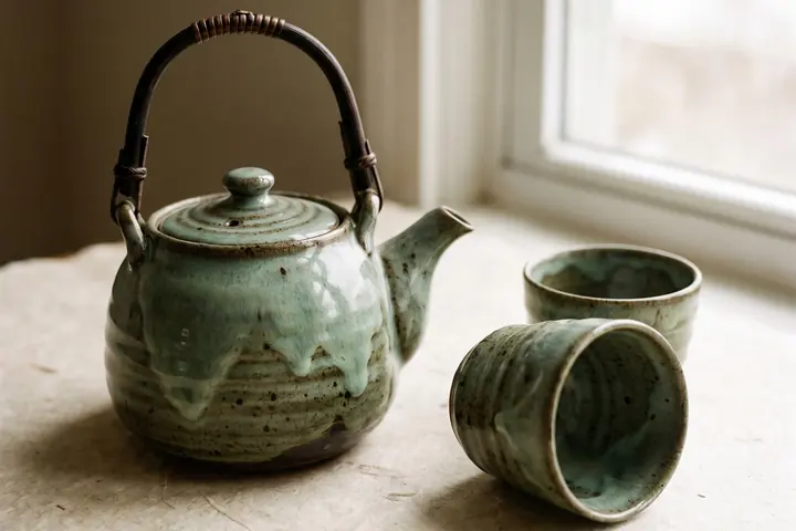A speckled celadon stoneware teapot with a cane handle on a warm paper sweep
