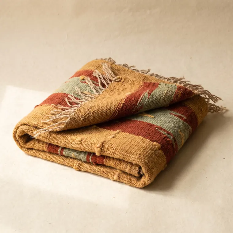 A close view of handwoven wool yardage in sage and bone showing the weave structure and slubs — lower detail, showing the foot and the shadow.