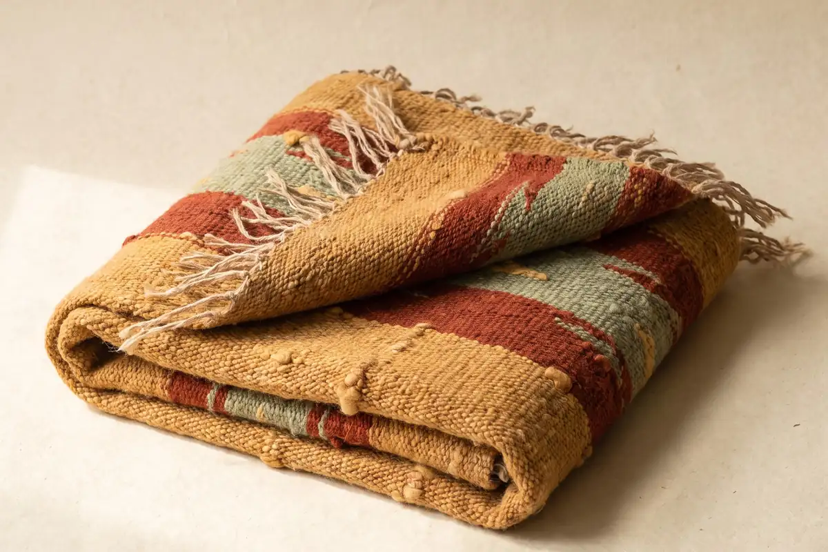 A close view of handwoven wool yardage in sage and bone showing the weave structure and slubs — full width on the paper sweep.