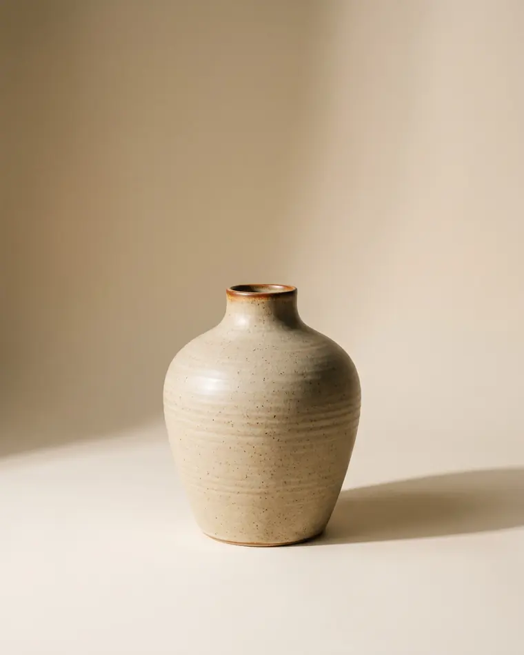 A wide-shouldered stoneware vessel in a matte oatmeal glaze breaking rust at the rim, on a warm paper sweep.