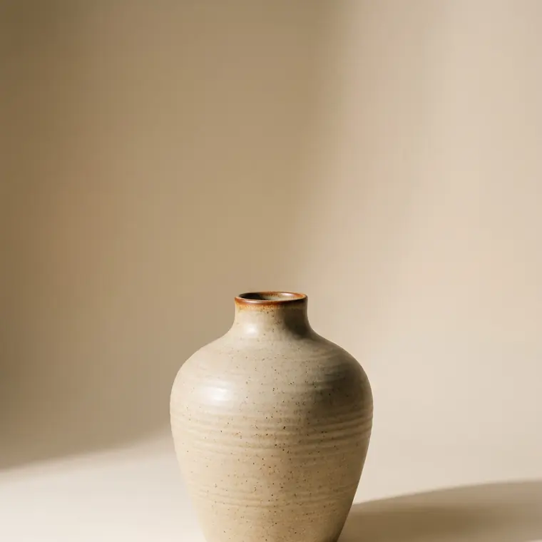 A wide-shouldered stoneware vessel in a matte oatmeal glaze breaking rust at the rim, on a warm paper sweep — upper detail.
