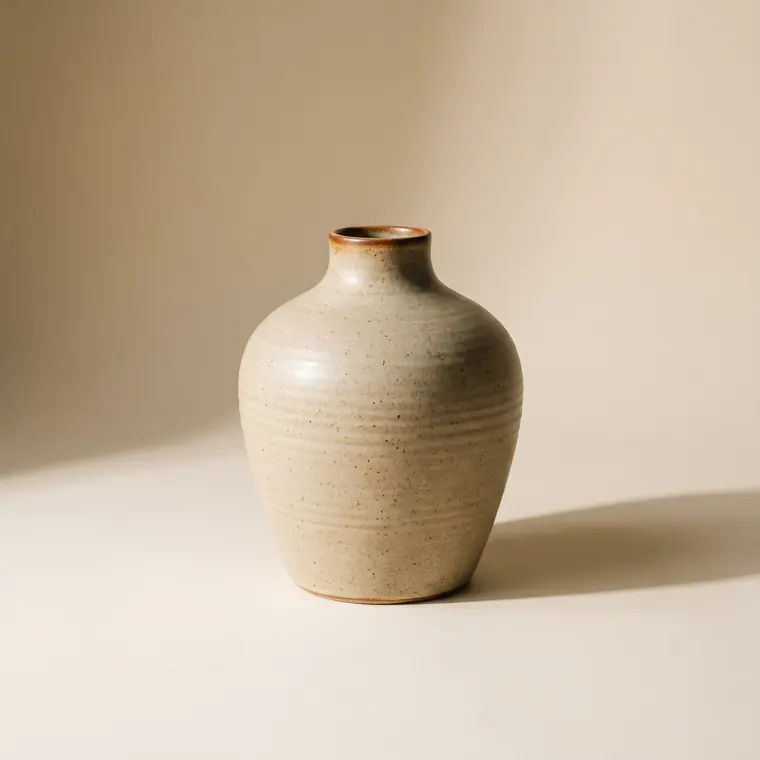 A wide-shouldered stoneware vessel in a matte oatmeal glaze breaking rust at the rim, on a warm paper sweep — lower detail, showing the foot and the shadow.