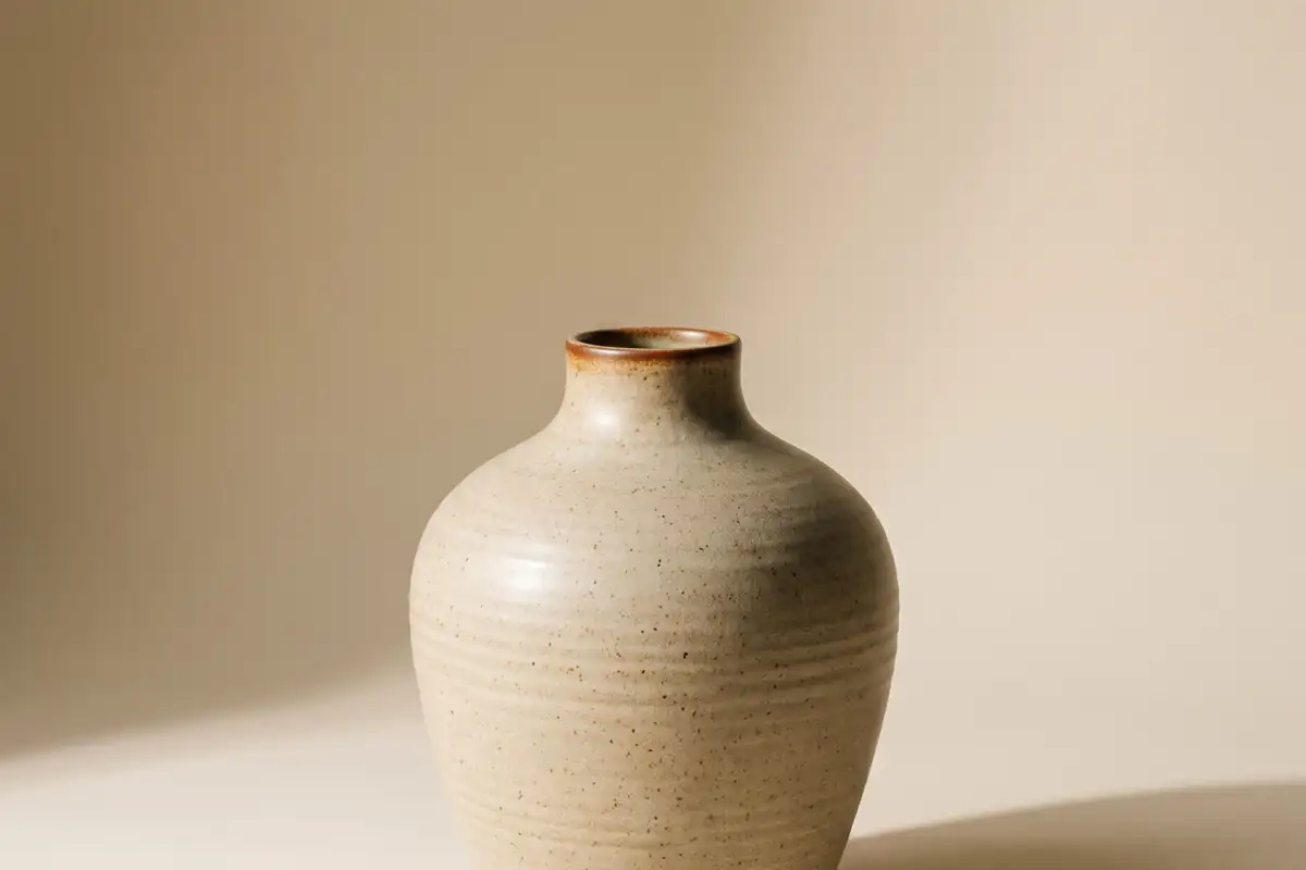 A wide-shouldered stoneware vessel in a matte oatmeal glaze breaking rust at the rim, on a warm paper sweep — full width on the paper sweep.