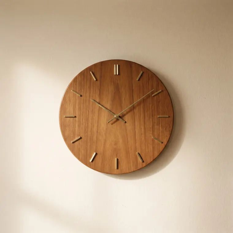 A plain round teak wall clock with slim brass hands and brass hour markers against a warm paper backdrop — lower detail, showing the foot and the shadow.