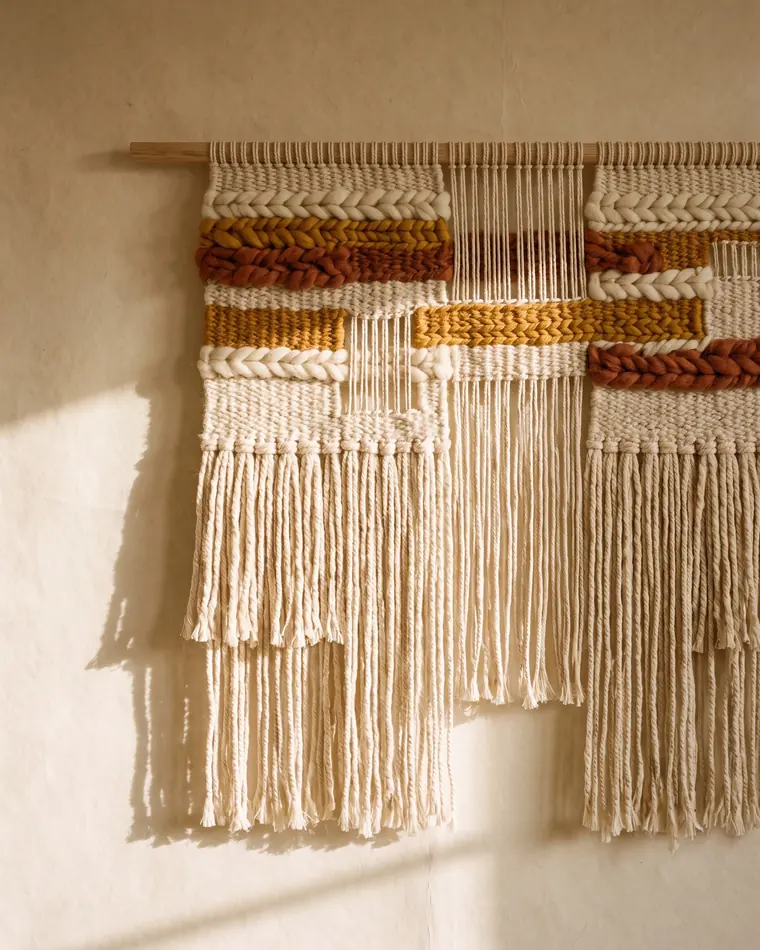 A handwoven wall hanging in undyed wool with ochre and rust bands and long knotted fringe on an oak dowel.