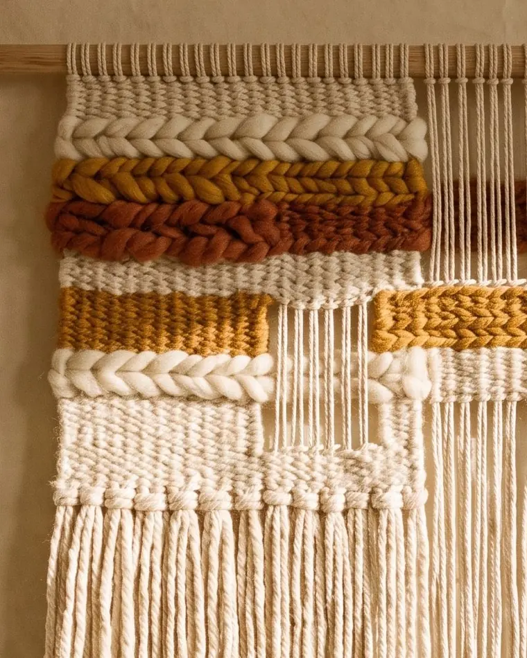 A close view of a small handwoven wool hanging with knotted fringe on an oak dowel.