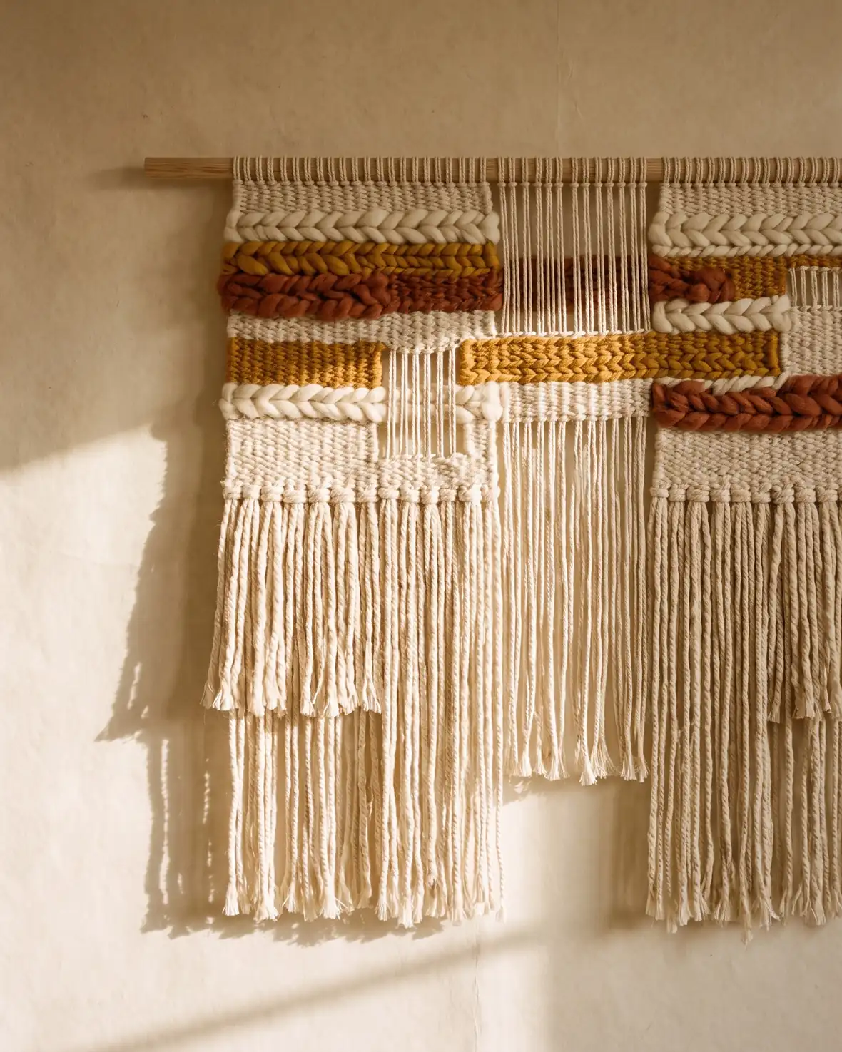 A handwoven wall hanging in undyed wool with ochre and rust bands and long knotted fringe on an oak dowel.