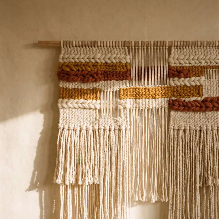 A close view of a small handwoven wool hanging with knotted fringe on an oak dowel — upper detail.