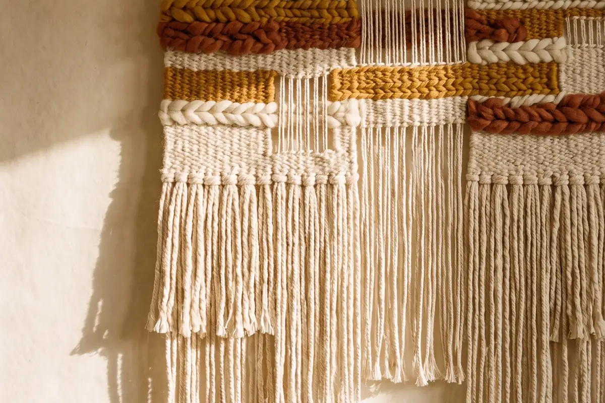 A close view of a small handwoven wool hanging with knotted fringe on an oak dowel — full width on the paper sweep.