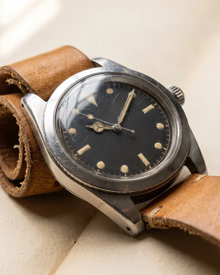 A vintage steel diver’s watch with a faded matte black dial, cream lume plots and a worn tan leather strap on warm paper.