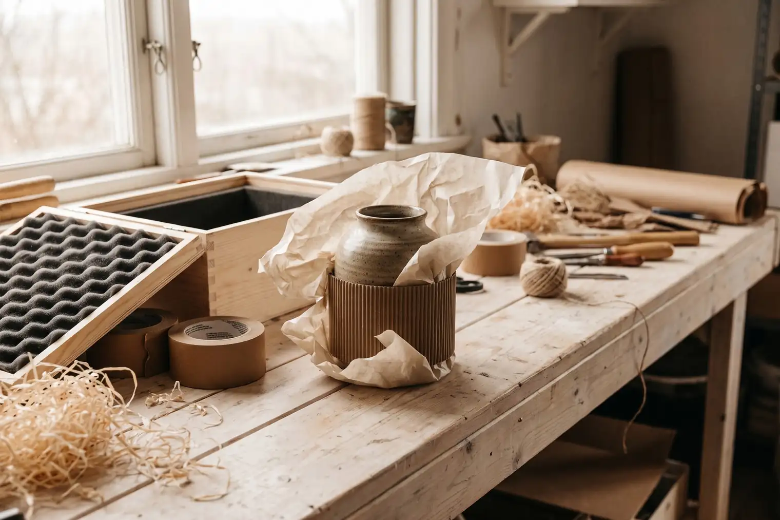 A packing bench with a vase half wrapped in tissue, paper tape, a foam-lined crate and wood wool