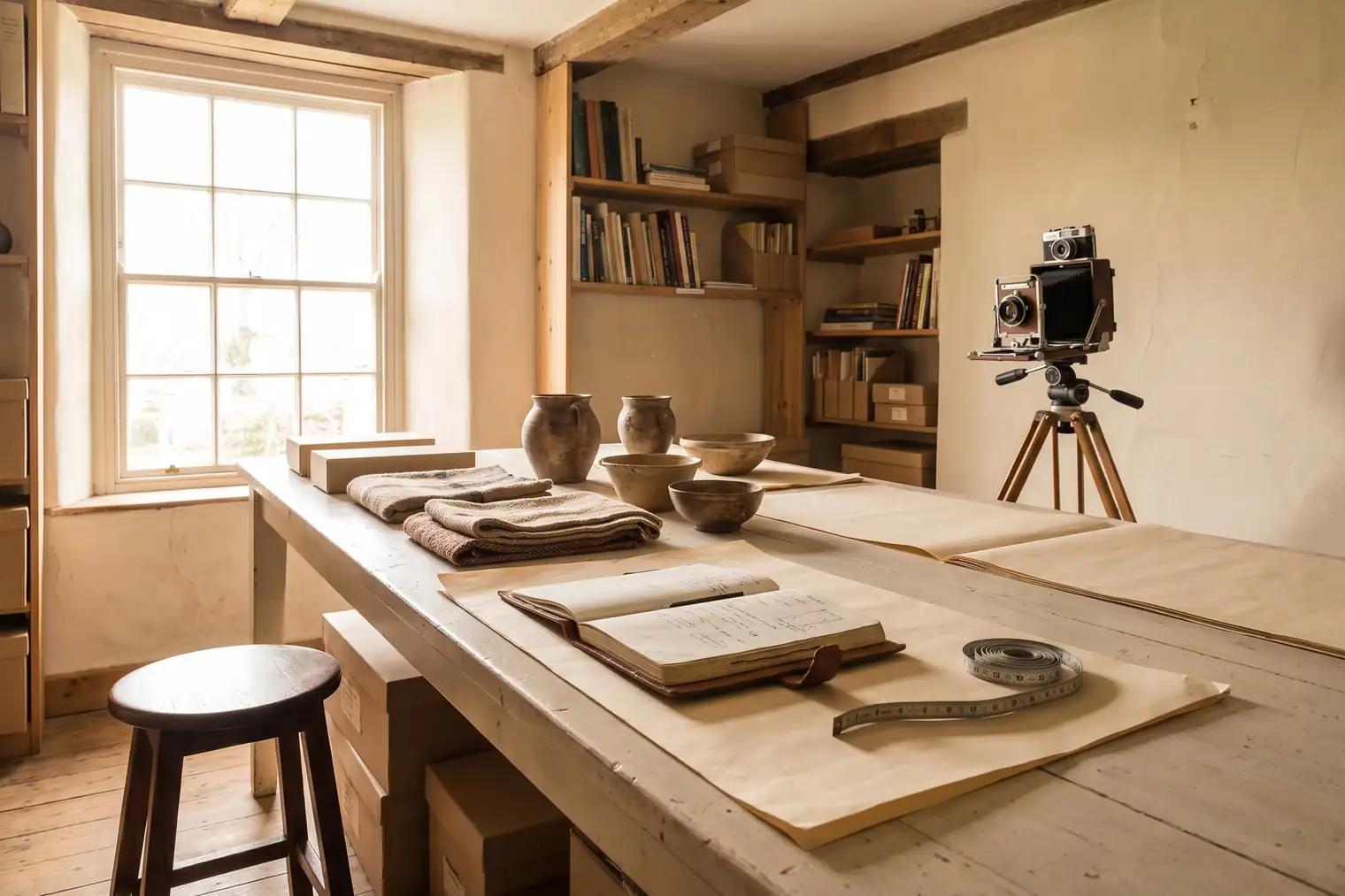 A bright cataloguing room with objects laid out on warm paper under a north window