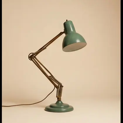 Brass and sage enamel articulated desk lamp, rotated 90 degrees.