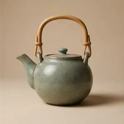 Celadon teapot with bound cane handle, rotated 0 degrees.