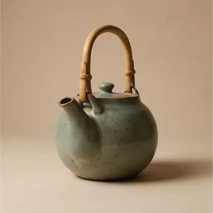 Celadon teapot with bound cane handle, rotated 90 degrees.