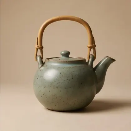 Celadon teapot with bound cane handle, rotated 180 degrees.