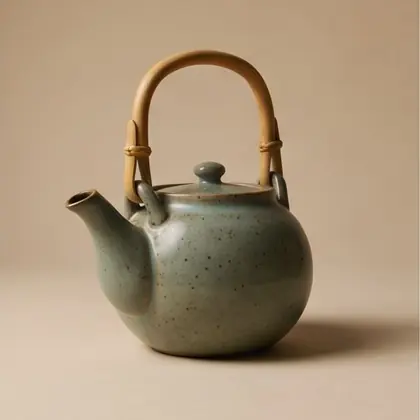 Celadon teapot with bound cane handle, rotated 225 degrees.